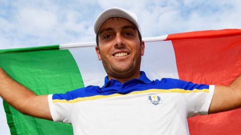 Francesco Molinari celebrates winning the 2018 Ryder Cup with Europe