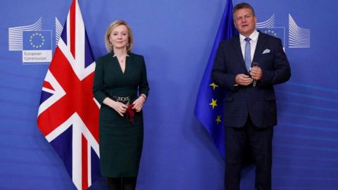 British Foreign Secretary Liz Truss and the European Commissioner in charge of Brexit negotiations Maros Sefcovic pose for a photograph as they meet in Brussels, Belgium