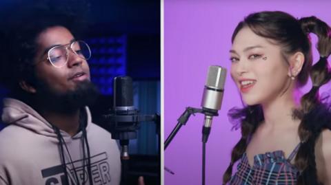 Ashwin Bhaskar and AleXa in the music video for the cover of Tattoo
