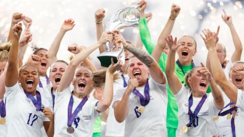 Leah Williamson and Millie Bright of England lift the Euro 2022 trophy