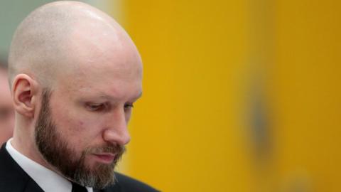 Anders Behring Breivik reacts during the appeal case in Borgarting Court of Appeal at Telemark prison in Skien, Norway,