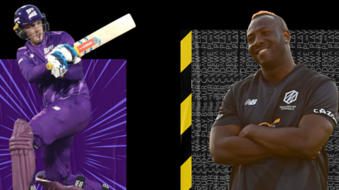 Harry Brook (left) batting for Northern Superchargers and Andre Russell (right) posing with his arms folded for Manchester Originals
