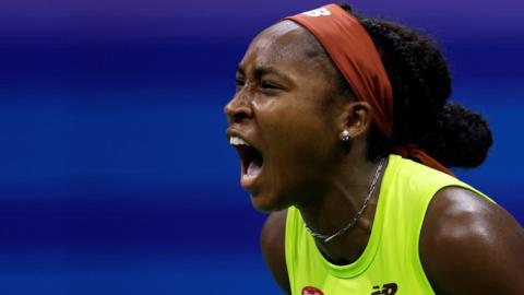 Coco Gauff celebrates at the US Open