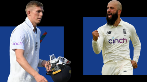 Split picture of Zak Crawley (left) batting and Moeen Ali (right) celebrating a wicket