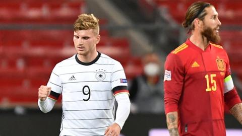 Timo Werner celebrates scoring for Germany against Spain