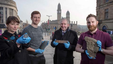 Museum decant team members Stella Hook, Archie Henderson, Cllr Jim Harte and Joel Fagan