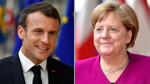 French President Emmanuel Macron and German Chancellor Angela Merkel are shown in a composite image