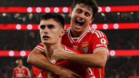 Joao Neves and Antonio Silva celebrate a goal for Benfica