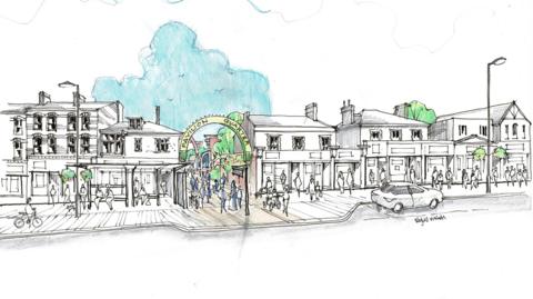 An artists impression of what a street could look like in Aylesbury, including an archway, buildings 