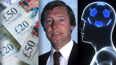 Collage of money, Sir Alex Ferguson and football psychology icon