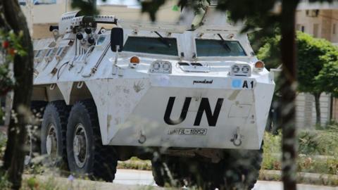 A vehicle belonging to the United Nations Interim Task Force in Lebanon