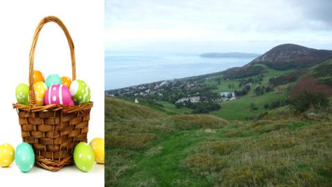 Easter eggs in a basket next to scene above Penmaenmawr