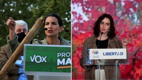 Spanish far-right Vox party's candidate Rocío Monasterio (L) and Madrid president and Popular Party candidate Isabel Díaz Ayuso