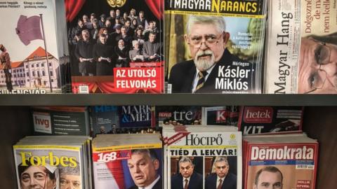 Hungarian newspapers and magazines are seen on a newsstand on January 21, 2019 in Budapest, Hungary.