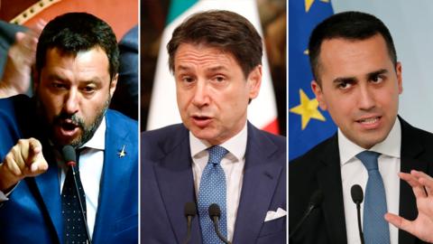 Matteo Salvini, leader of the League, Italy's Prime Minister Giuseppe Conte and Five Star leader Luigi Di Maio