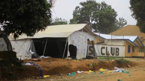 Partly destroyed tent of Ebola centre