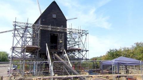 Bourn Windmill surrounded by scaffold