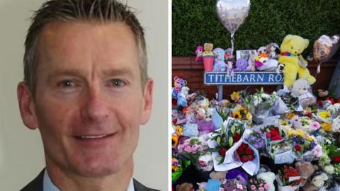 Split composite picture of Jonathan Hayes and floral tributes in Tithebarn Road