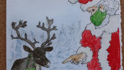 David Handford's Christmas card drawing of Santa and a reindeer