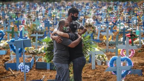 Relatives of a deceased person wearing protective masks mourn during a mass burial of coronavirus in Manaus