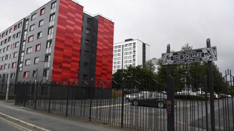 A general view shows a development containing the residential blocks Beech Court, Malus Court, Salix Court and Hornbeam Court run by Pendleton Together in the Pendleton area of Salford