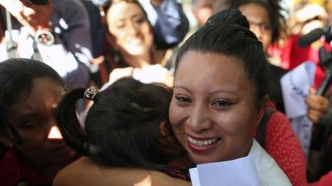 Teodora del Carmen Vasquez hugs her niece as she walks out of jail after her 30-year sentence was commuted by the Supreme Court of El Salvador, in Ilopango, El Salvador February 15, 2018