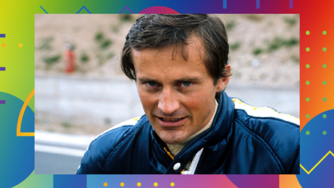 A photo of former Formula 1 racing driver Mike Beuttler on the BBC Sport LGBT+ History Month coloured and patterned background