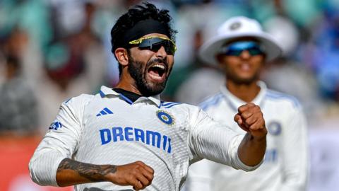 India spinner Ravindra Jadeja celebrates taking a wicket