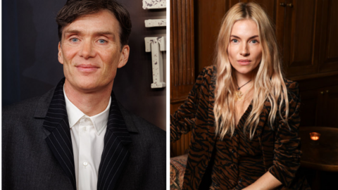 A composite photo of a dark-haired man in a suit and white shirt and a blonde woman in a leopard-patterned shirt sitting inside a room.