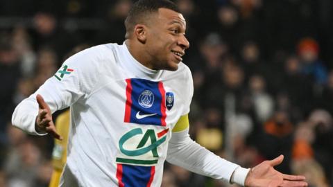 PSG forward Kylian Mbappe celebrates scoring in the French Cup win over Pays de Cassel