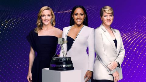 Sports Personality of the Year presenters Gabby Logan, Alex Scott and Clare Balding stand behind the trophy