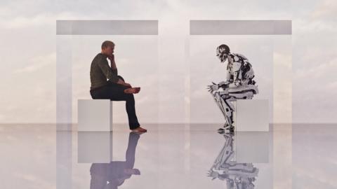 An illustration of a man talking with a robot