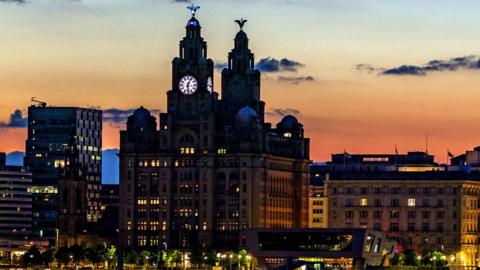 Liverpool skyline at sunset