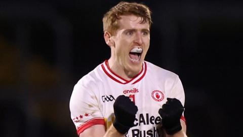 Tyrone skipper Peter Harte shows his delight as the final whistle sounds at Healy Park