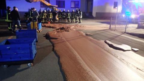 A chocolate spill on a road in Germany.