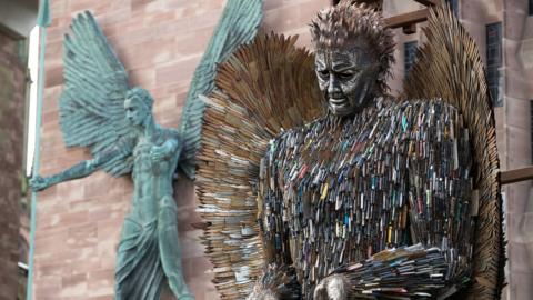 Knife Angel sculpture, made of 100,000 confiscated knives, is installed at Coventry Cathedral