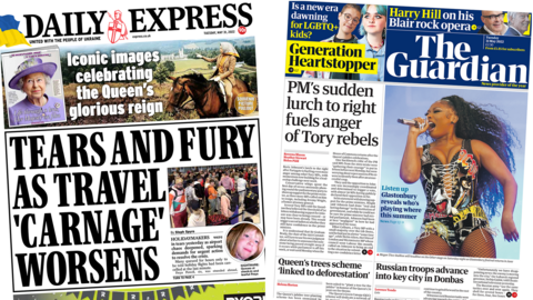 The headline in the Daily Express reads 'Tears and fury as travel carnage worsens' and the headline in The Guardian reads 'PM's sudden lurch to right fuels anger of Tory rebels'