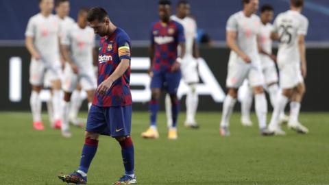 Lionel Messi reacts after Barcelona's 8-2 Champions League defeat to Bayern Munich