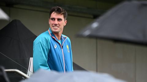 Australia captain Pat Cummins at a wet Old Trafford