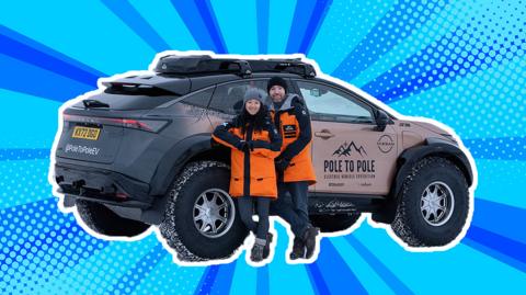 chris and julie ramsey in front of their electric car on bright background