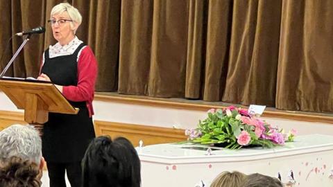 Actress Julie Hesmondhalgh at the funeral of Sylvia Lancaster