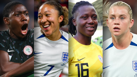 A photo of Nigeria football players Asisat Oshoala and Chiamaka Nnadozie alongside England counterparts Lauren James and Alessia Russo at the Women's World Cup