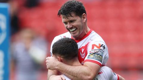 Lachlan Coote and Lewis Dodd celebrate Dodd's try for St Helens against Catalans Dragons