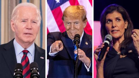 A BBC composite image showing Joe Biden, Donald Trump and Nikki Haley