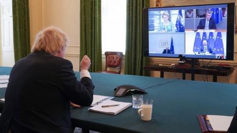 Boris Johnson on a videoconference call with the leaders of the European Commission and European Council