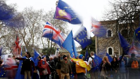 Protesters outside Parliament ahead of the vote on the Brexit deal in January