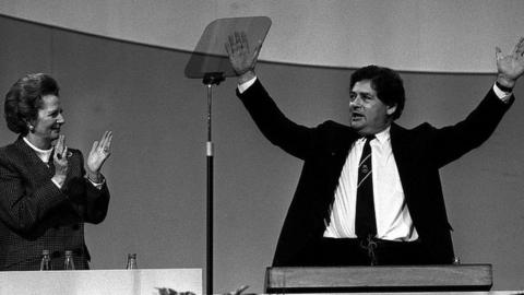Margaret Thatcher applauds Nigel Lawson after his speech to the 1988 Conservative Party conference