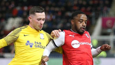 Rotherham United's Tariqe Fosu (right) and Preston North End's Alan Browne battle for the ball