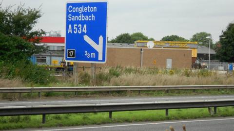 Generic motorway sign showing showing Sandbach