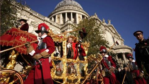 Michael Mainelli, the 695th Lord Mayor of the City of London, in the State Coach passing St Paul's Cathedral